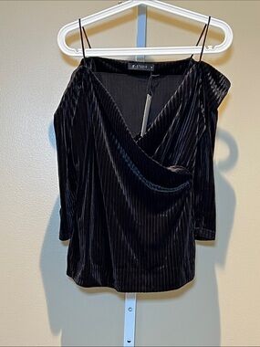 ST. studio Black Velvet Faux-Wrap Cold-Shoulder Camisole Top